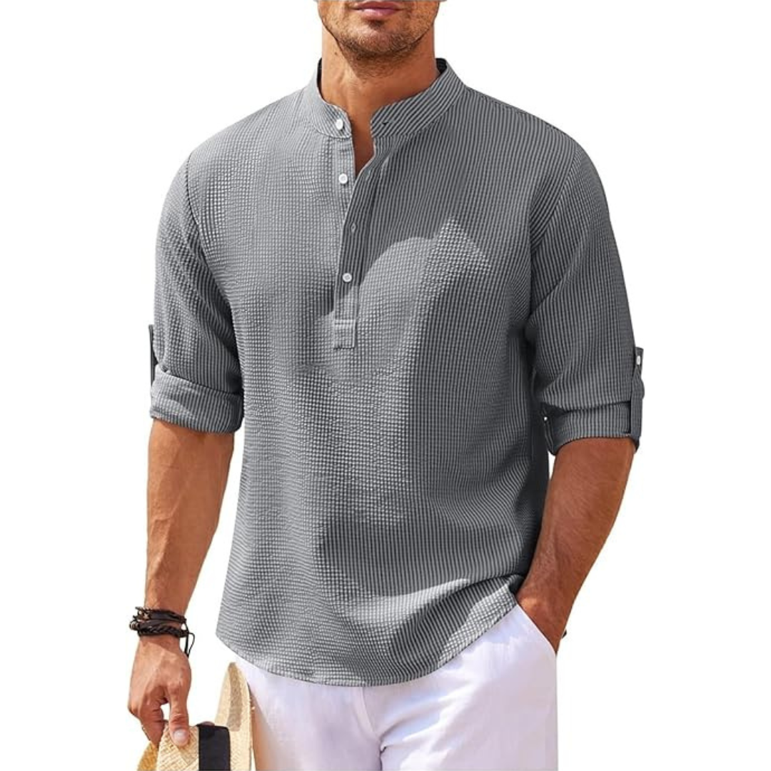 Casual Elegance | Men's Shirt with Band Collar & Roll-Up Sleeves | Versatile Style for Every Occasion 0