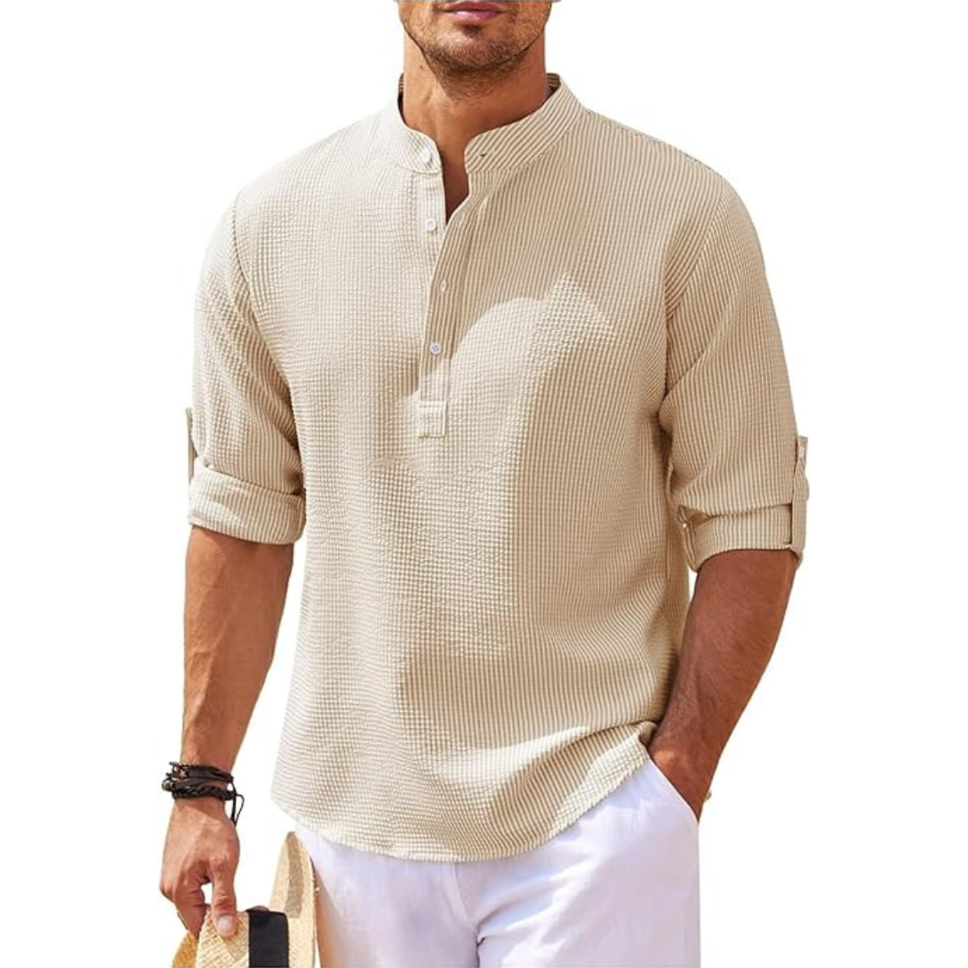 Casual Elegance | Men's Shirt with Band Collar & Roll-Up Sleeves | Versatile Style for Every Occasion 2