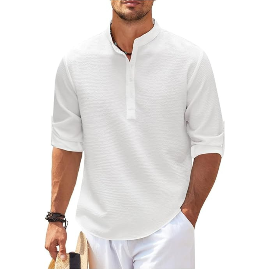 Casual Elegance | Men's Shirt with Band Collar & Roll-Up Sleeves | Versatile Style for Every Occasion 3