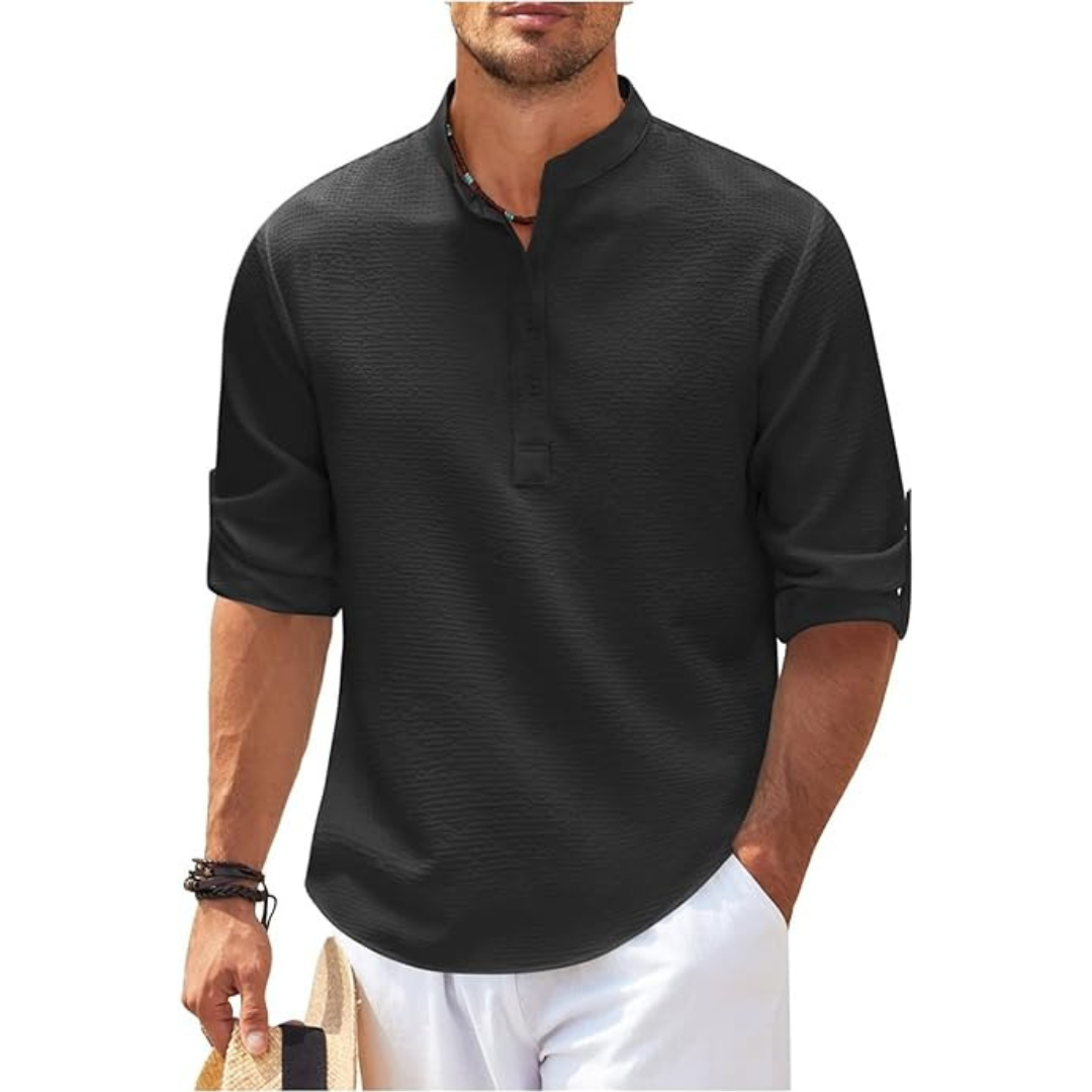 Casual Elegance | Men's Shirt with Band Collar & Roll-Up Sleeves | Versatile Style for Every Occasion 4