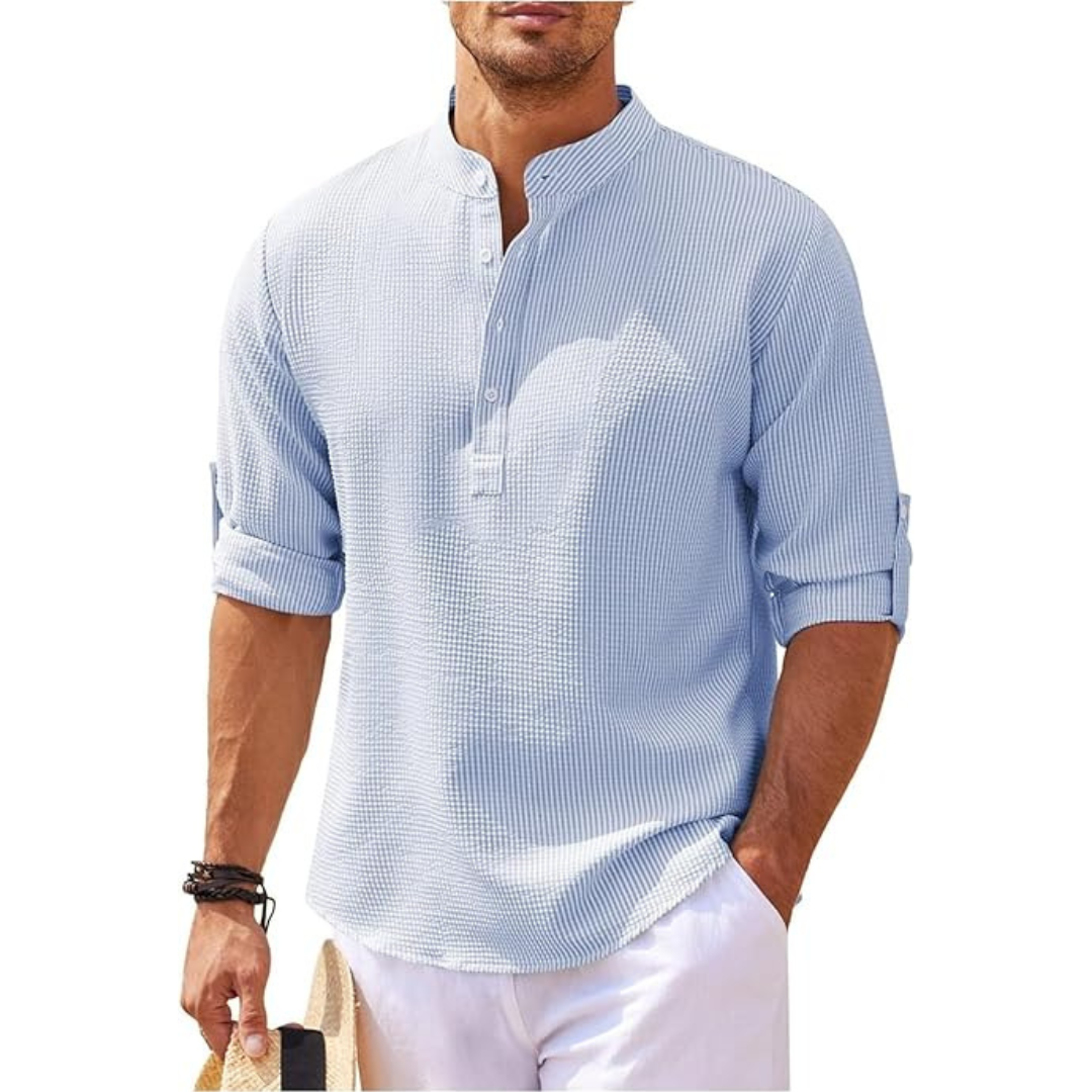 Casual Elegance | Men's Shirt with Band Collar & Roll-Up Sleeves | Versatile Style for Every Occasion 5