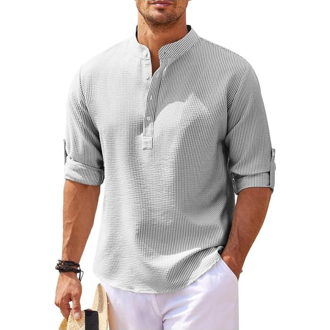 Casual Elegance | Men's Shirt with Band Collar & Roll-Up Sleeves | Versatile Style for Every Occasion 7
