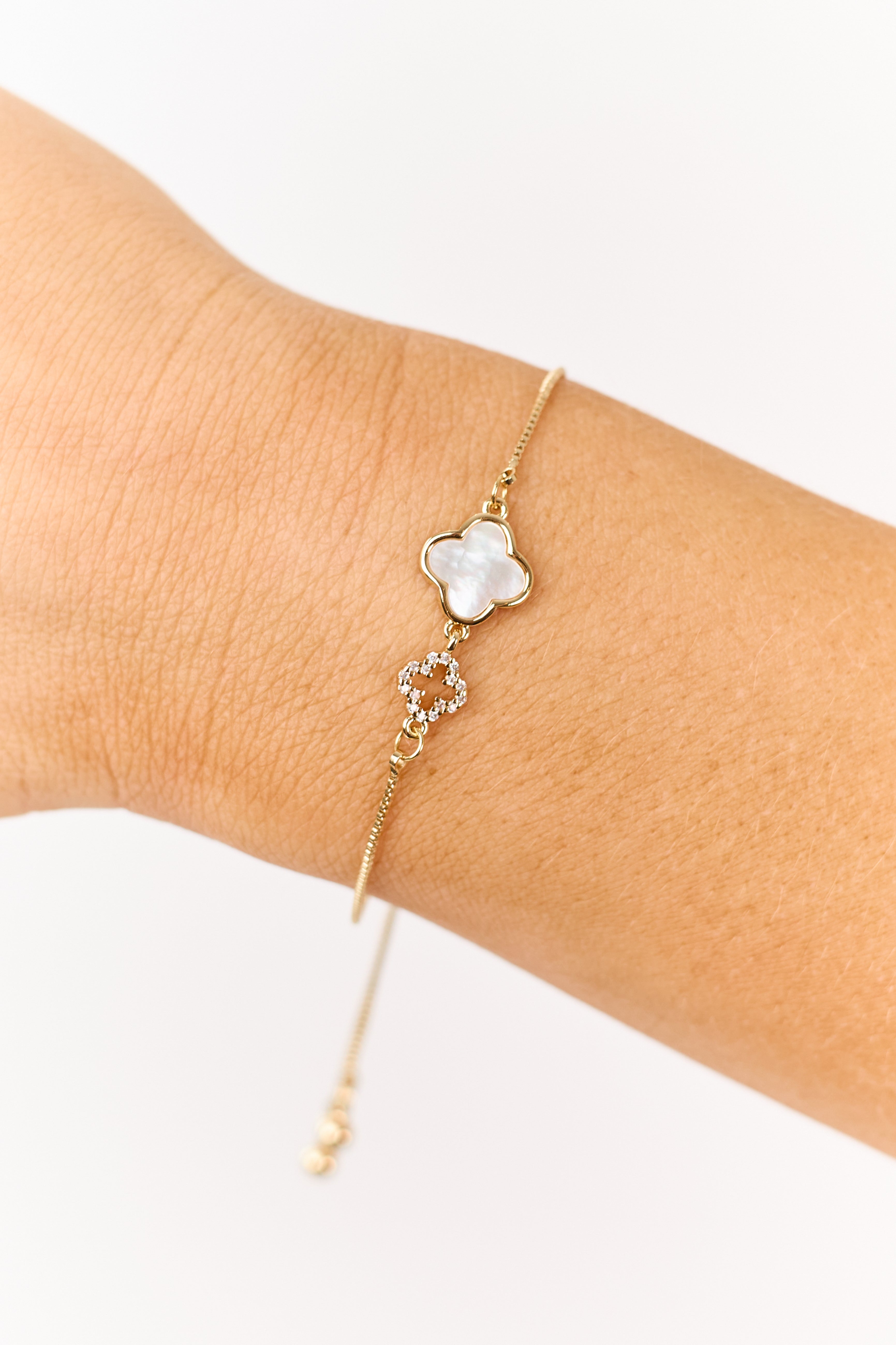 Charming Elegance | Gold Chain Clover Charm Slide Bracelet with Adjustable Closure | Stylish Accessory for Everyday Wear 0