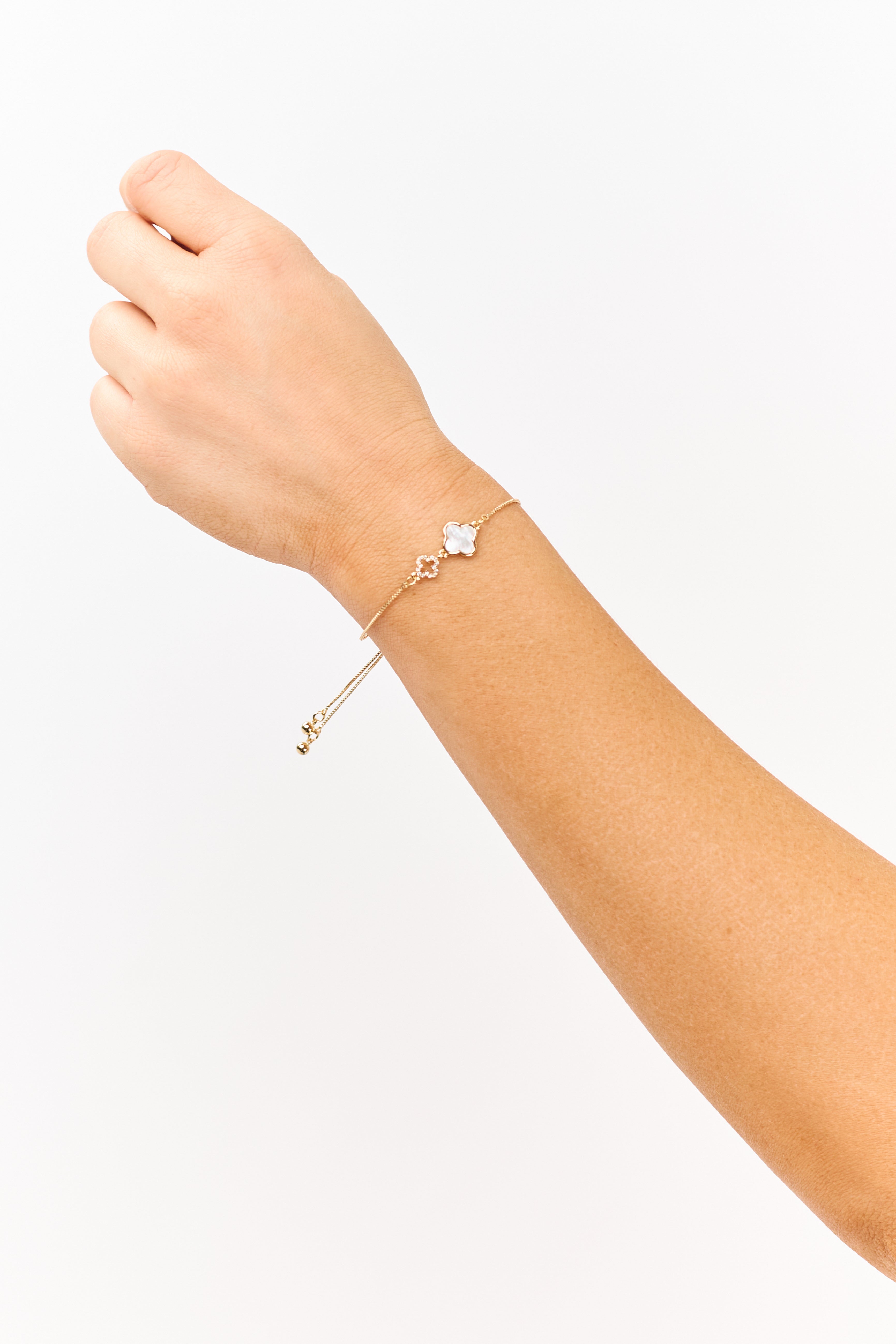 Charming Elegance | Gold Chain Clover Charm Slide Bracelet with Adjustable Closure | Stylish Accessory for Everyday Wear 1