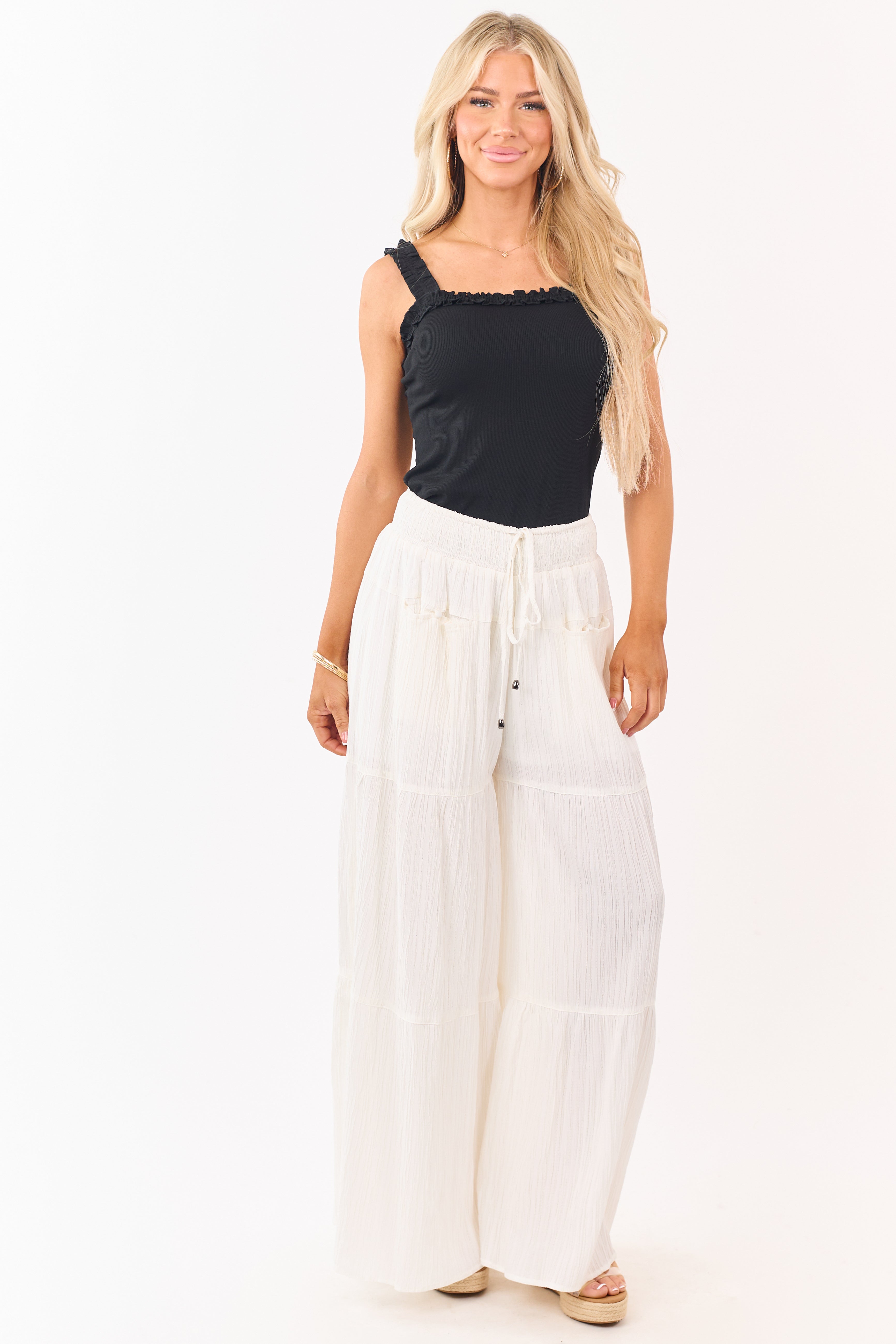 Chic Essentials | Black Tank Top for Women with Ruffle Trim & Elastic Straps | Effortless Everyday Layering 1
