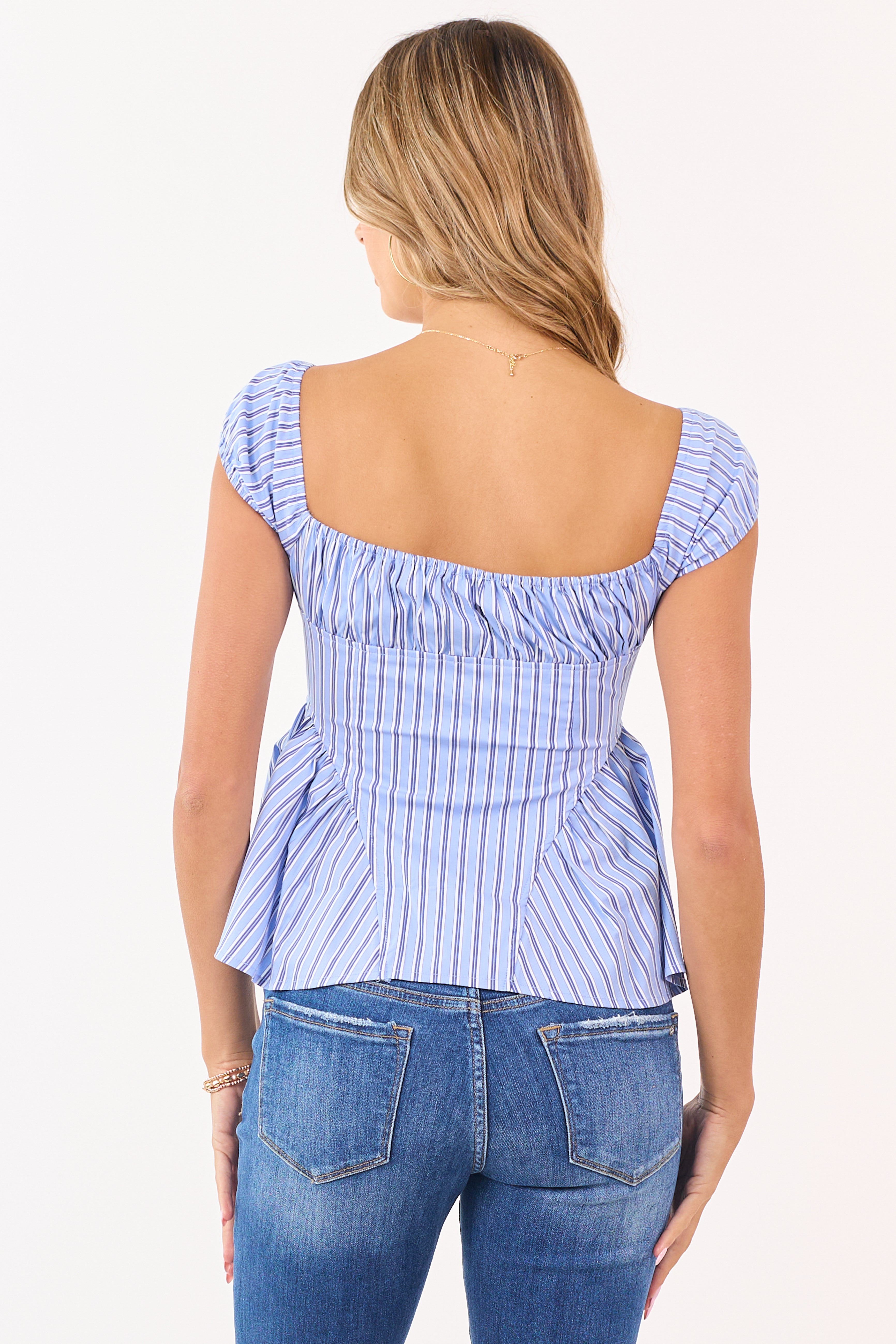 Chic Puff Sleeve Crop Top with Striped Design & Hook Closure | Flattering Fit for Effortless Style 4