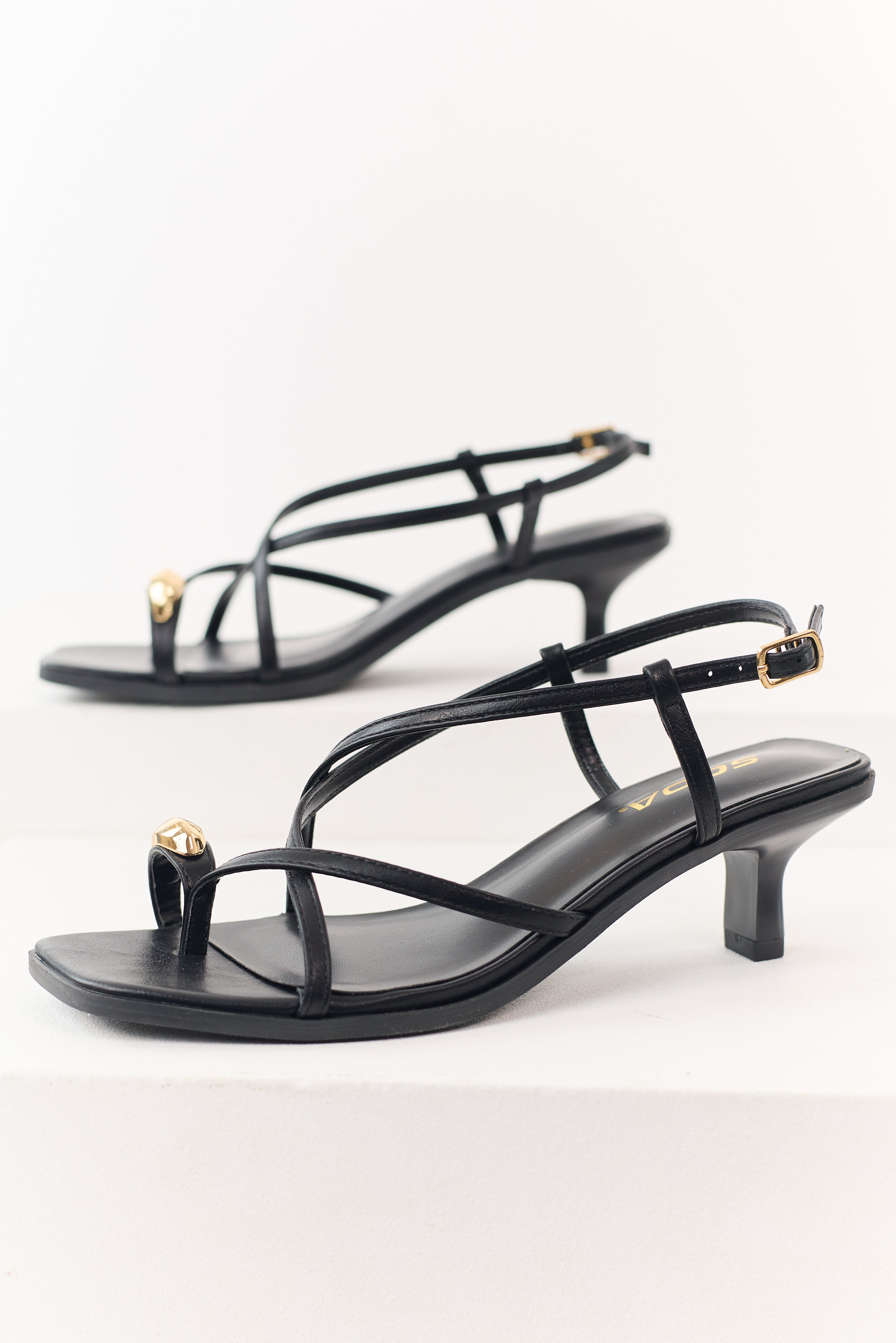 Chic Strappy Kitten Heels | Faux Leather with Gold Accents for Elegant Comfort 1