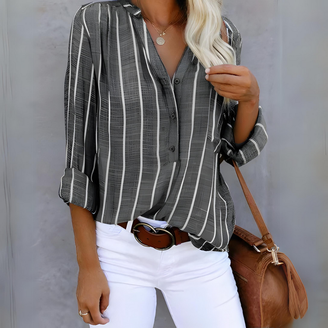 Elegant Striped Blouse | Women's Long Sleeve Top with Button-Down Design | Versatile Style for Effortless Elegance 4