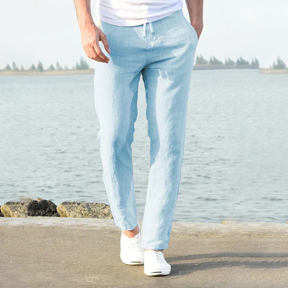 Linen Trousers | Men's Straight Leg Pants with Adjustable Waist | Breathable Comfort for Summer Outings 1