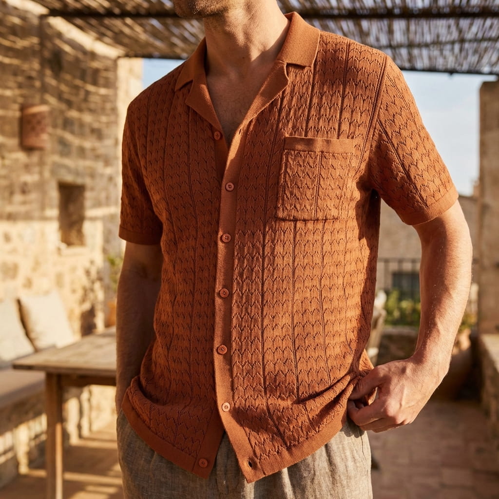 Marbella Collection | Men's Polo Shirt with Textured Jacquard Pattern | Breathable Knit Fabric for Retro Style 3