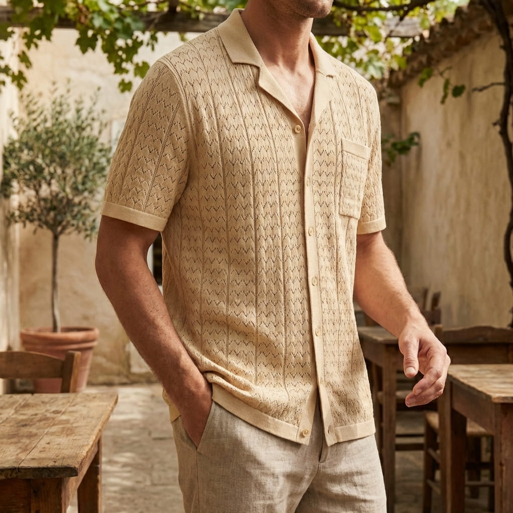 Marbella Collection | Men's Polo Shirt with Textured Jacquard Pattern | Breathable Knit Fabric for Retro Style 5