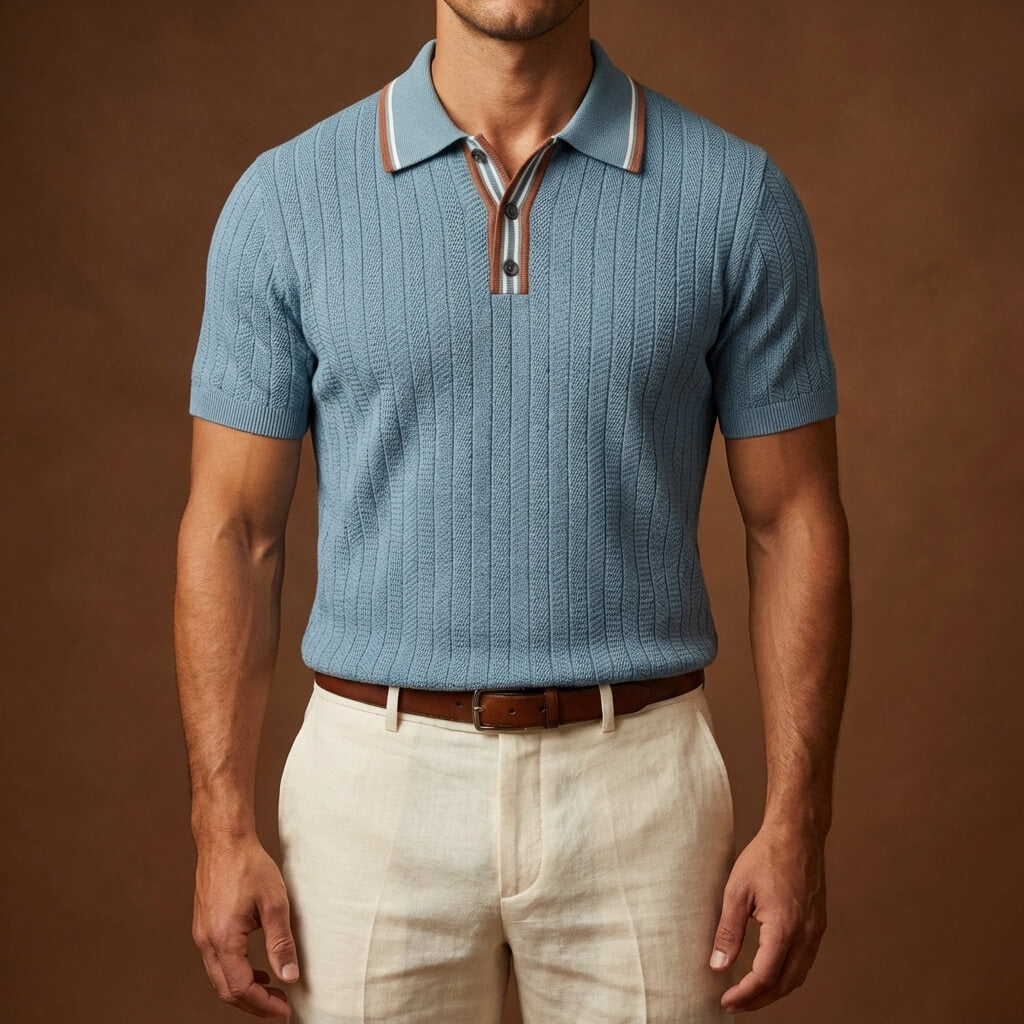 Vintage-Inspired Knit Top with Striped Placket | Breathable Fabric for Smart-Casual Style 1