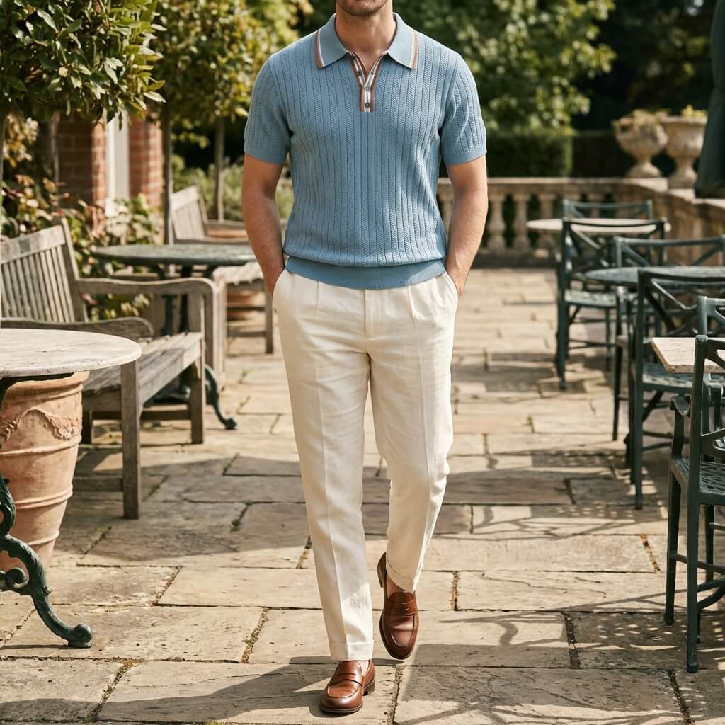 Vintage-Inspired Knit Top with Striped Placket | Breathable Fabric for Smart-Casual Style 2