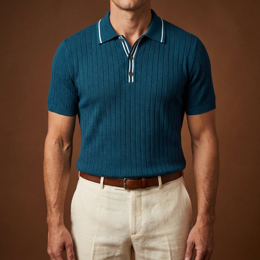 Vintage-Inspired Knit Top with Striped Placket | Breathable Fabric for Smart-Casual Style 5